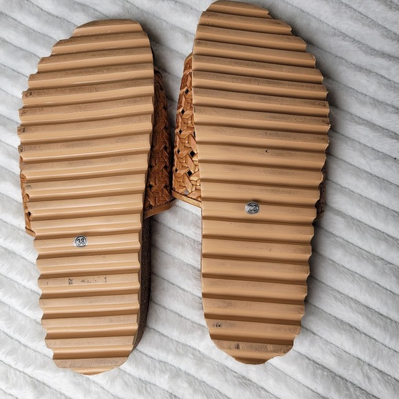 Woven Slide Sandals 7.5 Boho Cottagecore Cork Footbed Tan Leather Mules - Picture 6 of 6